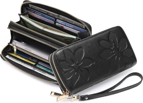 Vista 9 de GOIACII Cartera de mujer de gran capacidad con doble cremallera para mujer, soporte para teléfono con bloqueo RFID, correa de cuero