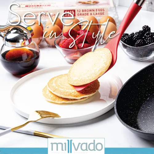 Vista 5 de Turner, mango fuerte de acero inoxidable con base de plástico resistente, volteador sólido rojo de 13.5 pulgadas para voltear panqueques, huevos