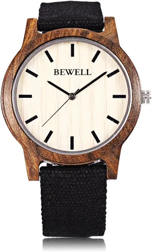 Vista 2 de BEWELL - Reloj de pulsera de cuarzo ultrafino para hombre, correa de lona, esfera de madera ligera