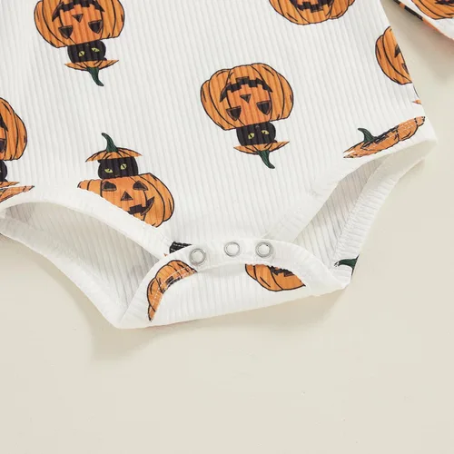 Vista 5 de Mandizy Ropa de bebé de Halloween para niña, conjunto de falda con tirantes de calabaza, fantasma, manga larga, mameluco de pana, vestido de overol
