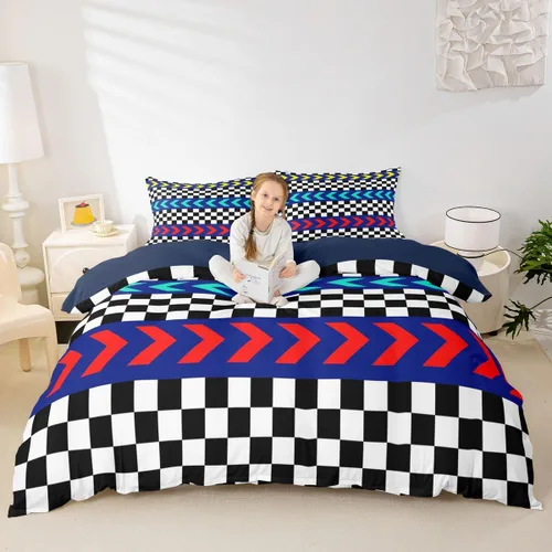 Vista 18 de Feelyou Race Car Duvet Cover Twin Size Boys Girls Speed Sports Car Bedding Set Breathable Soft Racing Comforter Cover 2Pcs Black White Checked Azure