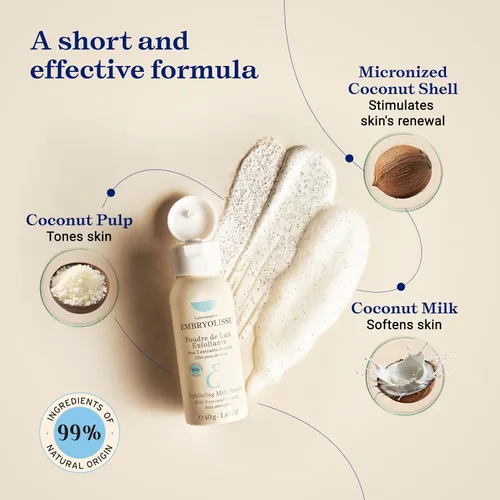 Vista 4 de Embryolisse Exfoliante facial en polvo, limpiador facial que exfolia, tonifica y suaviza la piel, con coco y leche en polvo, para todo