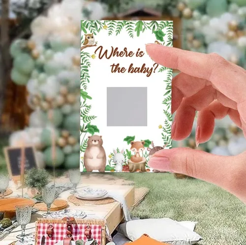 Vista 6 de Juego de rascar para baby shower, 50 tarjetas con el tema ¿Dónde está el bebé? Juegos YoungFun con adorables animales del bosque para revelaciones