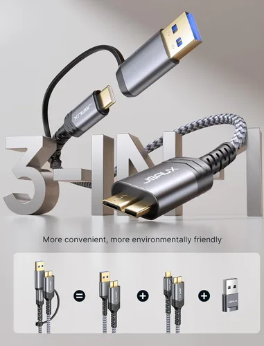 Vista 3 de JSAUX Cable de disco duro de 1.6 pies, cable micro B a USB C/A de 20 Gbps, cable de disco duro externo trenzado de nailon compatible con Seagate WD