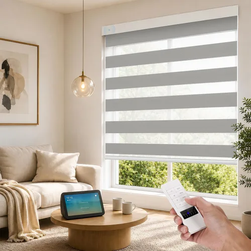 Vista 24 de ACMEART Persianas motorizadas de cebra con control remoto, persianas automáticas de doble capa, persianas eléctricas opacas para oficina del hogar