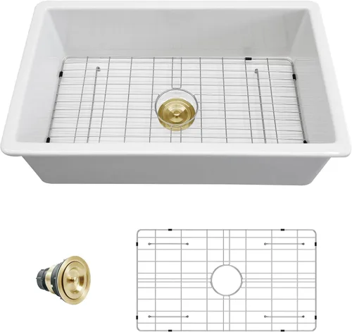 Vista 9 de Sarlai Fregadero de cocina blanco de 27 pulgadas de 27 x 19 pulgadas, fregadero de cocina blanco de doble caída y montaje inferior, de arcilla