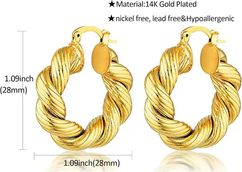 Vista 42 de Aretes de aro gruesos de oro para mujer, chapados en oro de 14 quilates, aretes de aro triple, hipoalergénicos, a la moda, aretes de aro gruesos