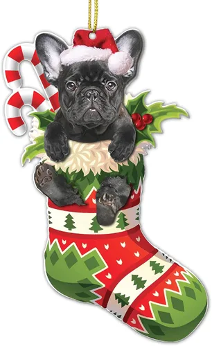 Vista 8 de Adorno acrílico plano de Navidad para perro de montaña bernés, adorable cachorro de montaña bernés en calcetín con bastones de caramelo, decoración
