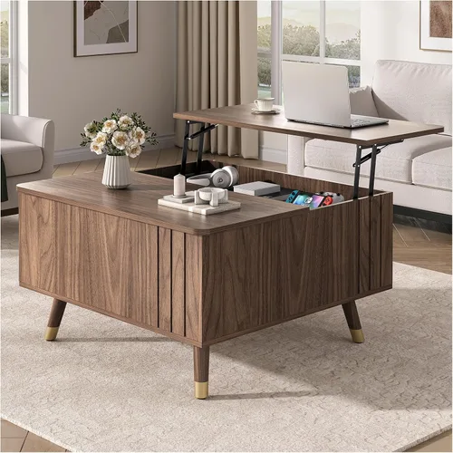 Vista 15 de JOINICE Mesa auxiliar ovalada de 42.5 pulgadas con almacenamiento, moderna mesa central negra con diseño estriado, patas de madera maciza