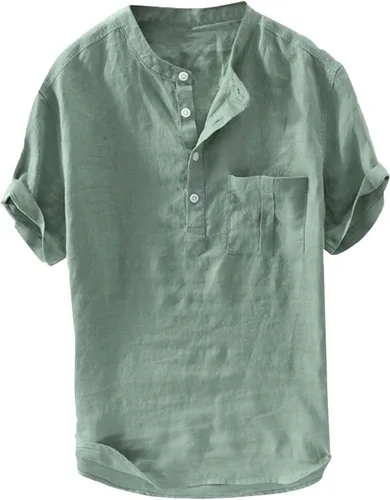 Vista 10 de Camisas de lino para hombre, de manga corta, con botones, estilo Henley, ligeras, sin cuello, hippie, playa, ropa