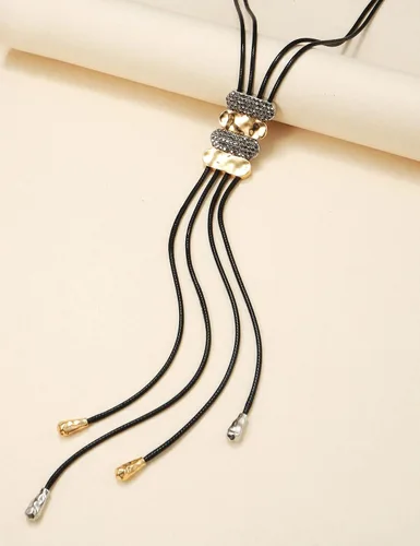 Vista 2 de KISSKIKO Collares largos de moda para mujer, con dije de disco, collar de hebra, borla retráctil, cadena de suéter dorada, plata, negro, diamantes