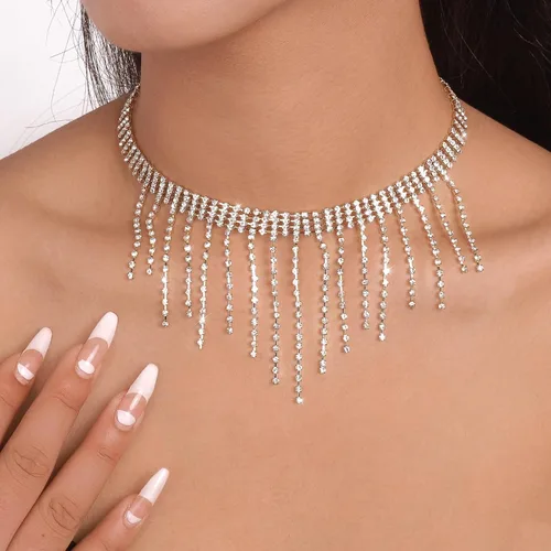 Vista 3 de Dcfywl731 Gargantilla con borlas de diamantes de imitación, collares de cristal multicapa, cadena de tenis brillante, collar con flecos para mujer
