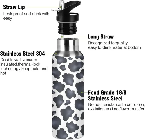 Vista 3 de Black White Cow Spots Insulated Stainless Steel Water Bottle with Straw 20 Oz Leakproof Water Bottles, BPA-Free Sports Water Bottle with Straw