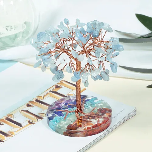 Vista 4 de rockcloud Árbol de dinero de alambre de cobre de cristal aguamarina con base redonda de resina colorida, árbol de piedra bonsái hecho a mano