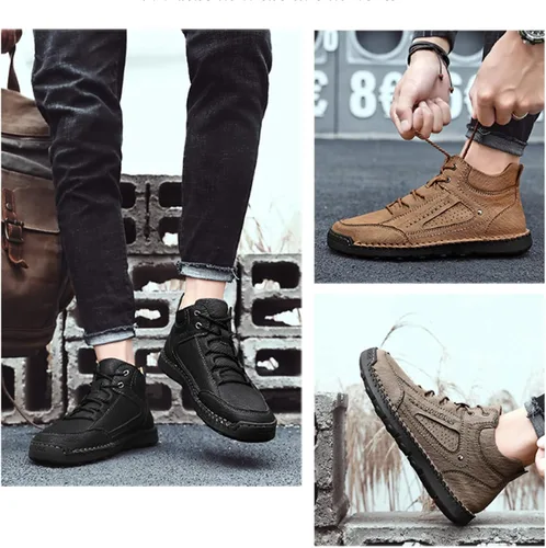 Vista 5 de PURCHAWEE Zapatos de senderismo de cuero para hombre, botas Chukka, costura a mano, antideslizantes, buen soporte de arco, zapatos casuales