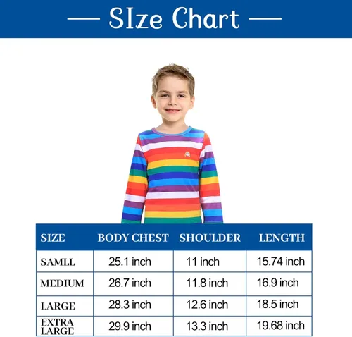 Vista 4 de Disfraz de Chucky de Halloween para niños, camisa de rayas de arco iris, calcomanías de cuchillo falso, calcomanía de buenos chicos para camiseta