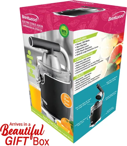 Vista 7 de Brentwood Potente exprimidor eléctrico de cítricos, naranja, limón, lima y pomelo, palanca ergonómica, 2 conos, piezas aptas para lavavajillas Negro