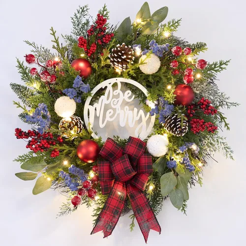 Vista 10 de Corona de Navidad preiluminada para puerta delantera con temporizador, 20 luces, corona de Navidad iluminada, bola de Navidad azul plateado