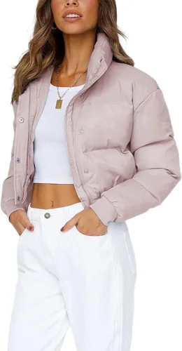 Vista 8 de Uaneo Chaqueta Puffer Recortada para Mujer con Cuello Levantado y Cremallera Frontal, Abrigos Acolchados de Plumón de Invierno