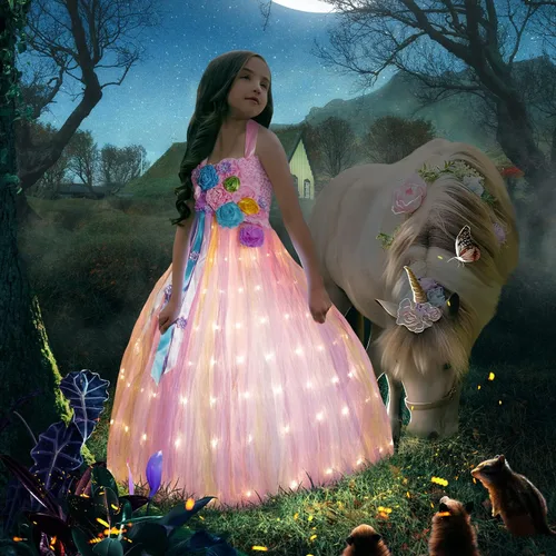 Vista 2 de UPORPOR Disfraz de Mirabel Isabella con luz para niña de Encanto para cumpleaños de 2 a 10 años