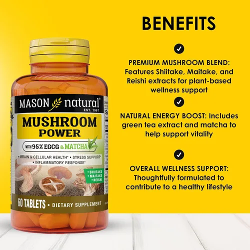 Vista 2 de MASON NATURAL Poder de hongos con 95% de EGCG y Matcha, fórmula a base de plantas con shiitake, maitake, reishi, 60 tabletas