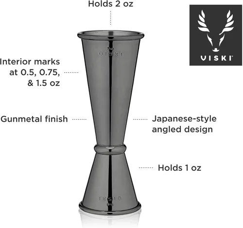 Vista 4 de Viski Jigger doble de estilo japonés para cócteles, kit de barra esencial, 1oz y 2oz con medidas interiores, acero inoxidable con acabado