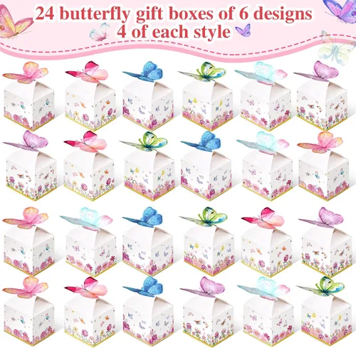 Vista 3 de Ctosree 24 cajas de regalo de fiesta de mariposa, bolsas de dulces florales, caja de papel de regalo de mariposa rosa para niña, decoración azul