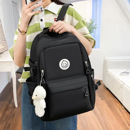 Vista 9 de 5pcs Mochila Set Gran Capacidad Patchwork Bookbag Lona con Colgante, Negro, Mediana, Casual