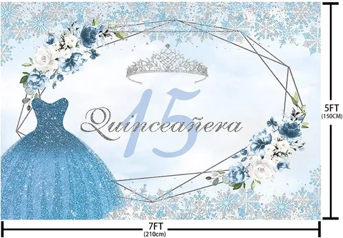 Vista 4 de MEHOFOND Telón de fondo de quinceañera de invierno de 7 x 5 pies para niña, suministros de decoración de fiesta de cumpleaños de 15 años, pancarta
