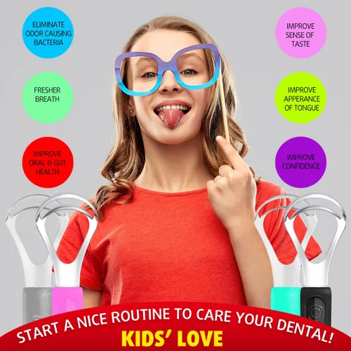 Vista 5 de Cbiumpro Paquete de 4 raspadores de lengua para niños y adultos, limpiador de lengua de acero inoxidable con estuche de viaje, reduce el mal aliento