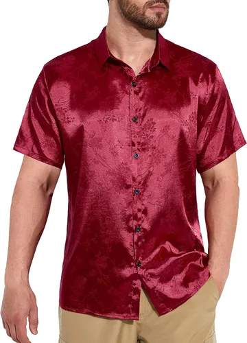 Vista 3 de THWEI Camisas de manga corta con botones y estampado floral de satén para hombre