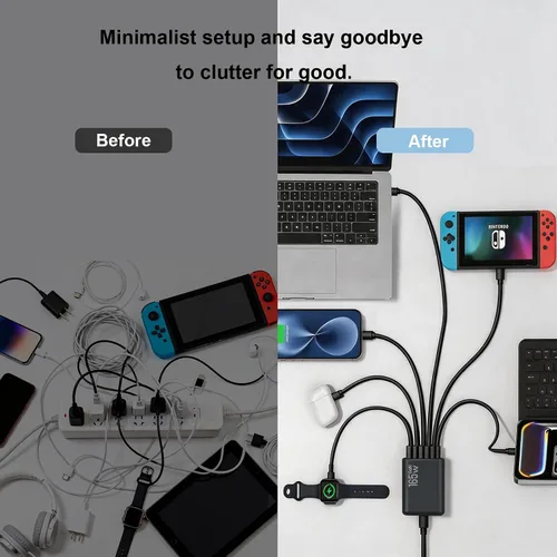 Vista 6 de Estación de carga de 165 W, cargador de escritorio de 6 puertos, 3 puertos 40 W, color negro Multi-Device Charger, 3 PD USB C 40W and 3 15W USB A