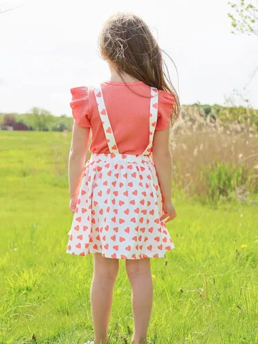 Vista 4 de AMAWMW Ropa de verano para niña pequeña, camiseta de manga con volantes, tirantes de girasol, falda, diadema, traje de verano
