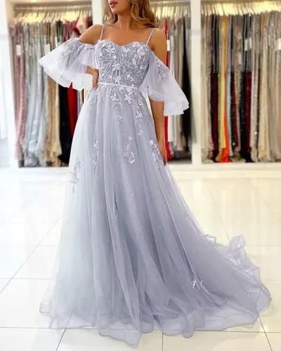 Vista 3 de hytio Vestido de noche formal con apliques de encaje para mujer, con hombros descubiertos, tul hasta el suelo, tirantes delgados, vestido de noche