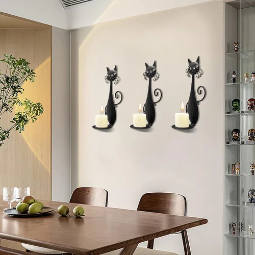 Vista 7 de Candelabros de cristal para velas de pilar, candelabros de pared de gato de metal negro