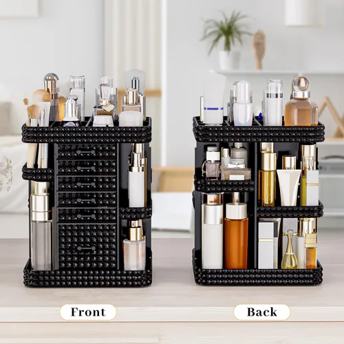 Vista 6 de Organizador de maquillaje giratorio de 360 grados para tocador, organizador grande para el cuidado de la piel con 6 cajones, organizador