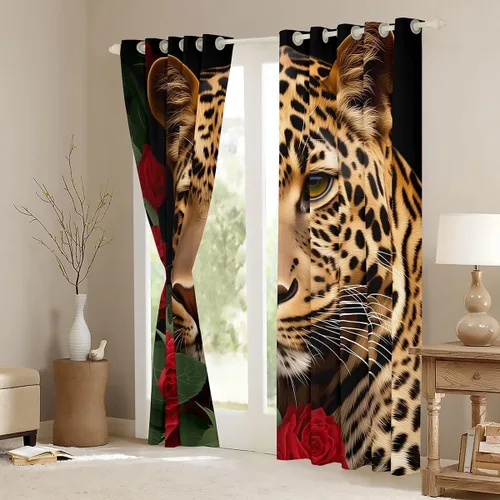 Vista 4 de Erosebridal Cortinas de Rosas Rojas 3D Tratamientos para Ventanas de Guepardo, Paneles de Cortinas con Estampado de Gato Leopardo para Sala