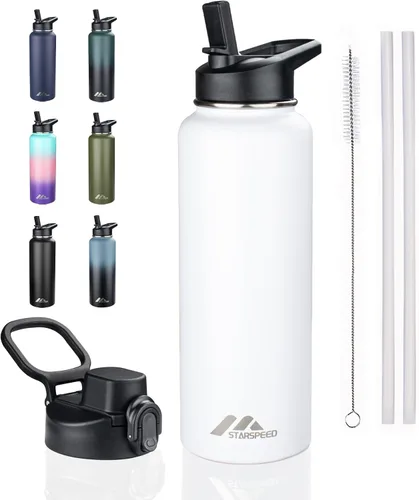 Vista 27 de StarSpeed Botella de agua aislada de 32 onzas con tapa con pajilla, botella de agua al vacío de doble pared de acero inoxidable, botella de agua