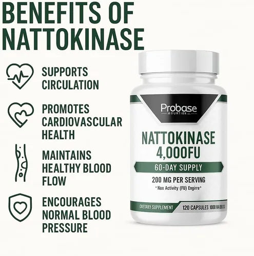 Vista 5 de Probase Nutrition Suplemento de nattoquinasa 4,000 porciones FU, 120 cápsulas (derivadas de Natto japonés) Enzimas sistémicas para apoyo