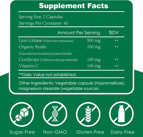Vista 2 de LIOEUBIO Complejo de hongos con melena de león, reishi, cordyceps y vitamina C, sin OMG, 90 cápsulas veganas