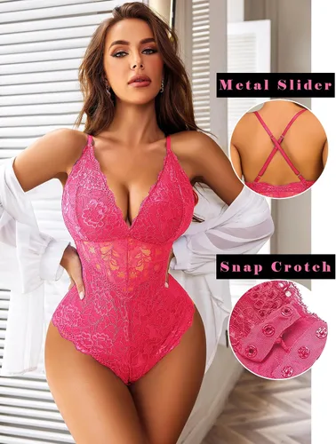 Vista 2 de Avidlove - Lencería sexy de encaje para mujer, body con escote pronunciado, babydoll de una pieza con broche de presión en la entrepierna