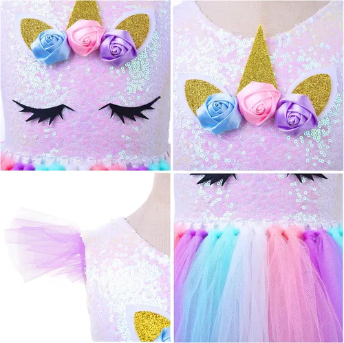 Vista 4 de PinkBeautiM Vestido tutú de unicornio para niñas, disfraz de unicornio de lentejuelas para niña con diadema, vestidos de fiesta de cumpleaños de 3 a