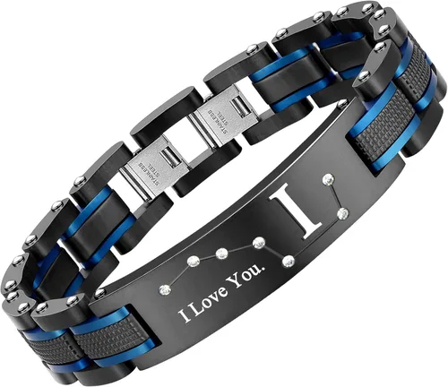 Vista 28 de Pulsera de dos tonos de acero inoxidable para hombre, chapado en iones negro y azul, regalo para hombres, marido, padre