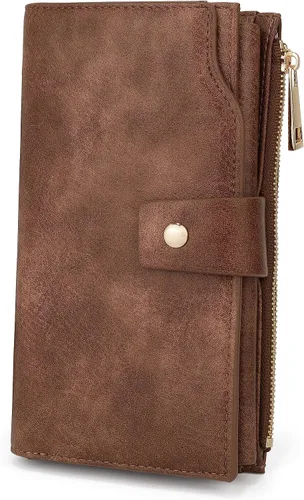 Vista 16 de UTO Cartera de cuero vegano para mujer, cartera larga con broche de presión, tarjetero de crédito, elegante embrague 0153 Gris