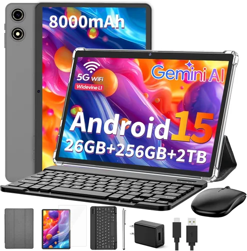 Vista 9 de Suicoey Tablet 2026 con teclado, 26 GB + 256 GB (expansión de 2 TB), tabletas Android 15 de 10 pulgadas con Octa Core, Gemini AI, WiFi 5G, 8000mAh