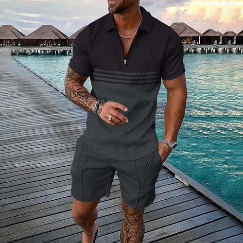 Vista 2 de Conjunto corto para hombre, 2 piezas, camiseta de manga corta y pantalones cortos, conjunto deportivo elegante y casual