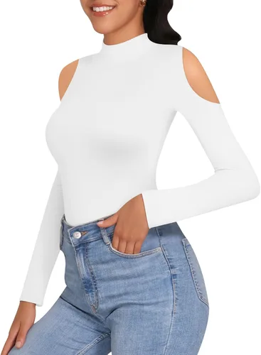 Vista 3 de MANGOPOP Long Sleeve Body Suits for Womens Turtleneck Bodysuit Going Out Tops with Sexy Shoulder Cutout