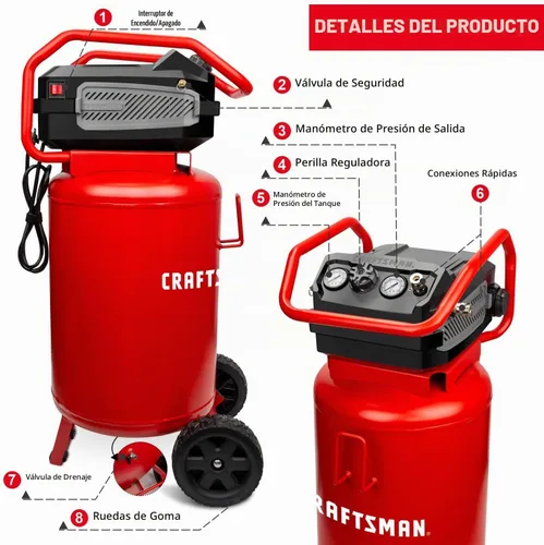 Vista 3 de CRAFTSMAN Compresor de aire, 20 galones, 1.8 HP, herramientas de aire sin aceite, manguera de aire roja y Flexzilla, 3/8 pulgadas x 50 pies