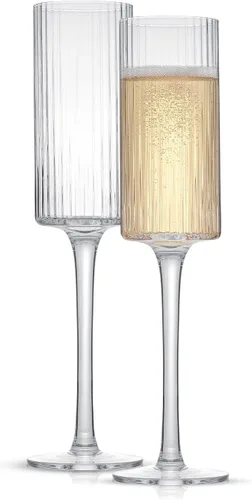 Vista 4 de JoyJolt Elle Copas de Champán de 5.7 oz, Juego de 2 Flautas de Vidrio Acanalado, Estilo Vintage Copas Únicas para Beber Cócteles y Mimosas, Flautas