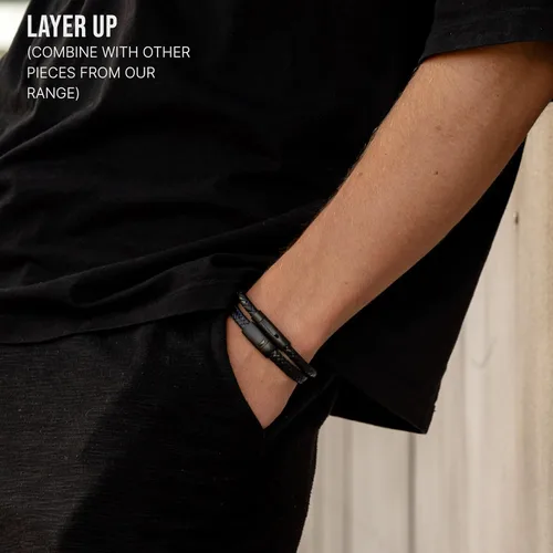 Vista 5 de Pulseras de cuentas y cuero para hombre Pulseras de cuentas de cuero negro entretejido y ónix negro Joyería minimalista de diseñador para hombres